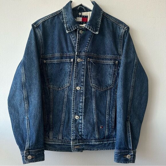 Vintage Tommy Hilfiger Blue Denim Jacket with Red and White Logo - Picture 1 of 16